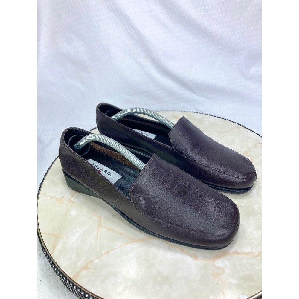 Pesaro Cushie Leather Wedge Loafers Womens 7M Brown Square Toe Slip On Shoes NWT